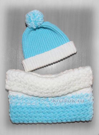 Голубая шапка-бини и снуд крючком