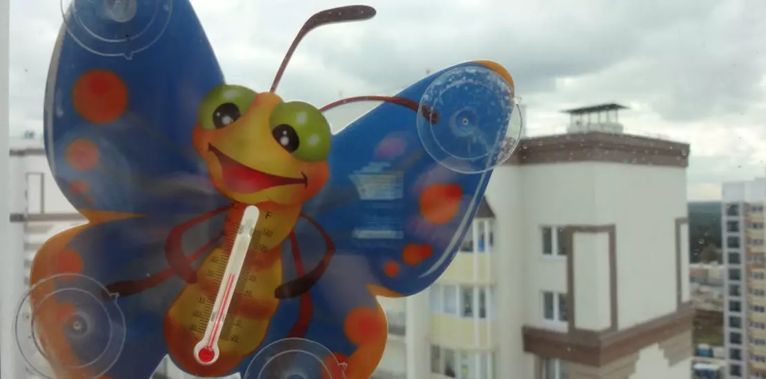 градусник на присосках, прикрепленный к стеклу