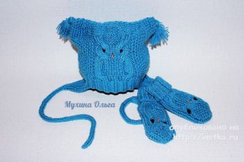 Шапочка и варежки с совой. Работа Мухиной Ольги