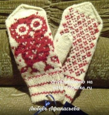 Варежки с совами. Работа Любови Афанасьевой